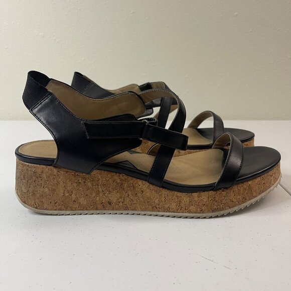 Adrienne Vittadini Black Leather Cork Wedge Sandals With Adjustable Straps Women - Picture 5 of 8